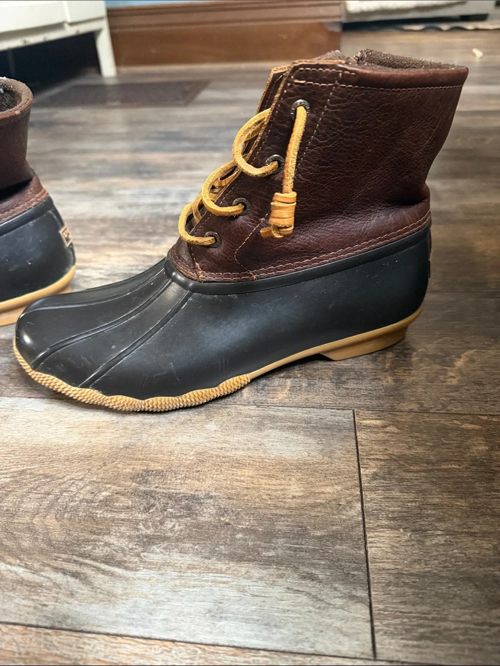 Women’s Waterproof Brown and Black Lace-Up Rain Boots